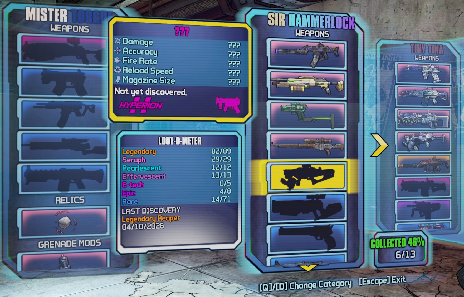 Three GunDex pages side by side: Mister Torgue, Sir Hammerlock with 6 of 13 collected, and Tiny Tina, each with its own title colors.