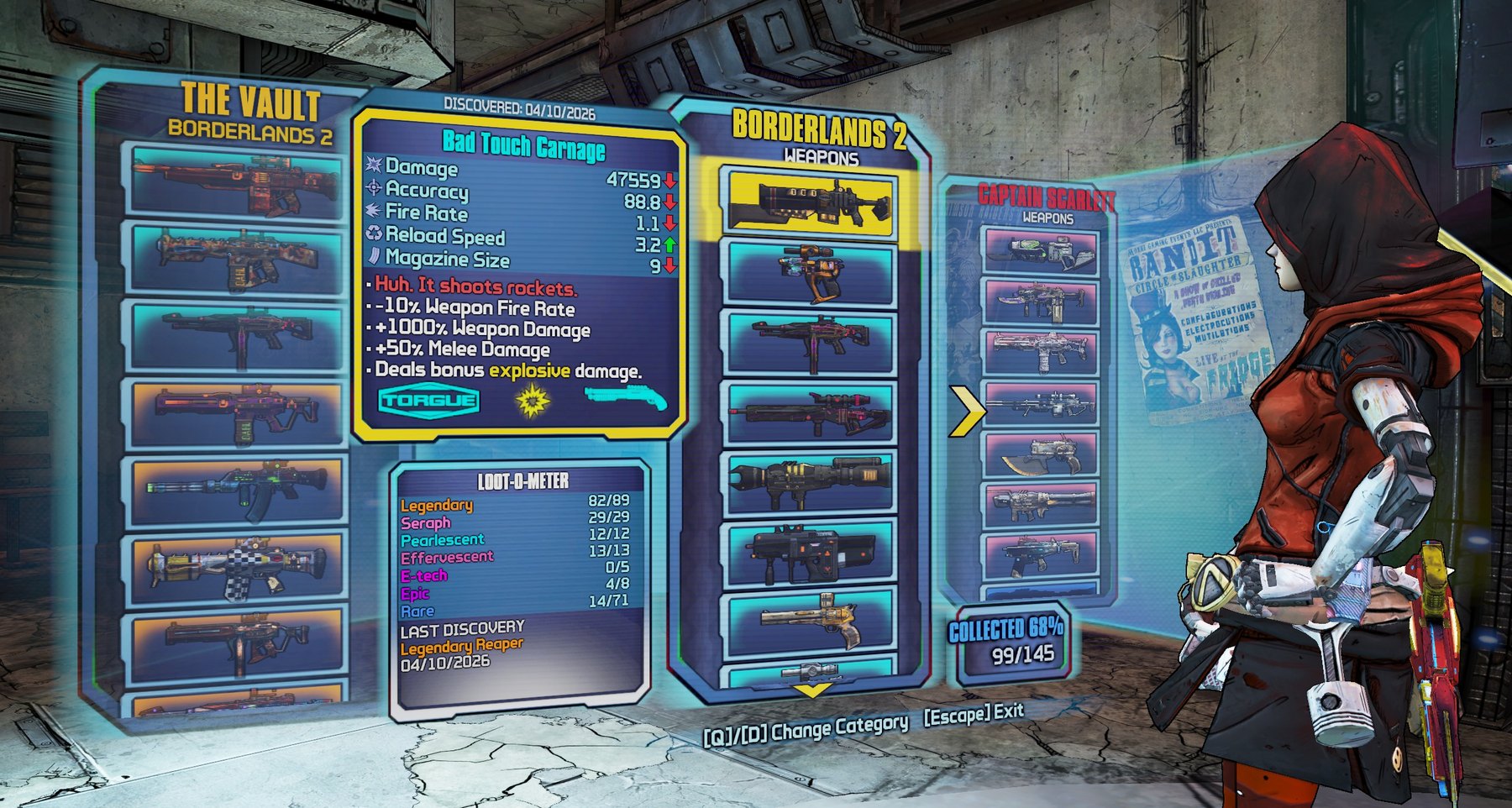 The GunDex open in Sanctuary: The Vault, the Borderlands 2 weapons page with the Bad Touch Carnage card, and the Captain Scarlett page.