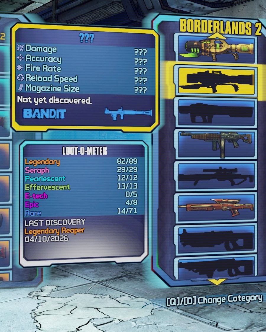 A not-yet-discovered item: question marks and the Bandit logo, in a list where found items and black silhouettes alternate.